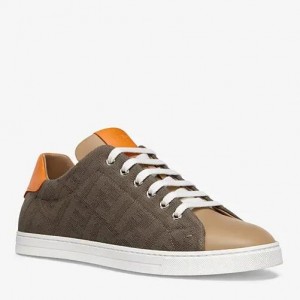 Fendi Low-top Sneakers In Khaki Canvas with Leather