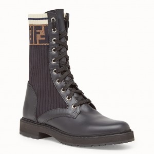 Fendi Ankle Boots In Black Leather With Stretch Fabric