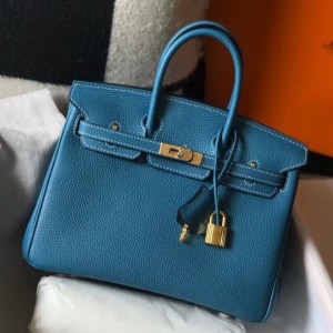 Hermes Birkin 25cm Bag In Blue Jean Clemence Leather