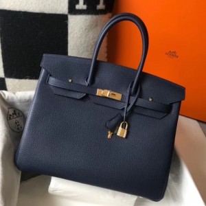 Hermes Birkin 35cm Bag In Navy Blue Clemence Leather