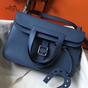 Hermes Halzan 31cm Bag In Blue Agate Clemence Leather