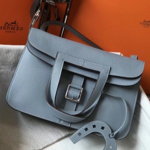 Hermes Halzan 31cm Bag In Blue Lin Clemence Leather