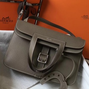 Hermes Halzan 31cm Bag In Taupe Clemence Leather