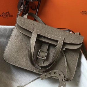 Hermes Halzan 31cm Bag In Grey Clemence Leather
