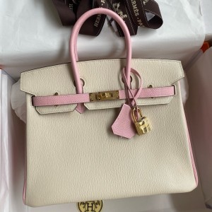 Hermes HSS Birkin 25 Bicolor Bag in Craie and Pink Chevre Mysore Leather