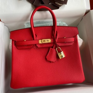 Hermes Birkin 25 Retourne Handmade Bag In Red Clemence Leather