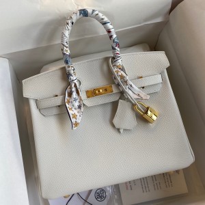 Hermes Birkin 25 Retourne Handmade Bag In White Epsom Calfskin