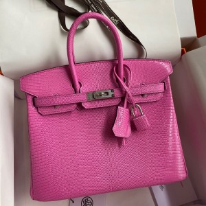 Hermes Birkin 25 Retourne Handmade Bag In Pink Lizard Leather