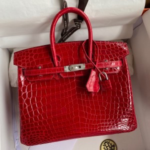 Hermes Birkin 25 Handmade Bag In Red Crocodile Porosus Shiny Skin