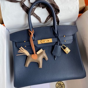 Hermes Birkin 30 Retourne Handmade Bag In Blue Saphir Clemence Leather