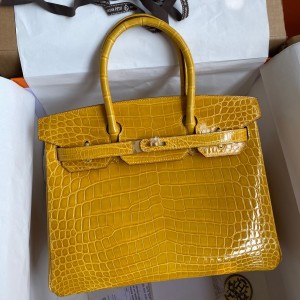 Hermes Birkin 30 Handmade Bag In Jaune Ambre Crocodile Niloticus Shiny Skin