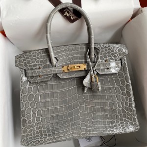 Hermes Birkin 30 Handmade Bag In Tourterelle Crocodile Niloticus Shiny Skin