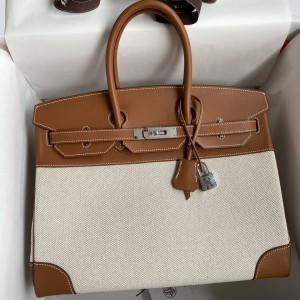 Hermes Birkin 35 Handmade Bag In Toile & Gold Swift Leather 