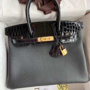 Hermes Touch Birkin 30 Bag In Black Clemence and Shiny Niloticus Crocodile Skin 