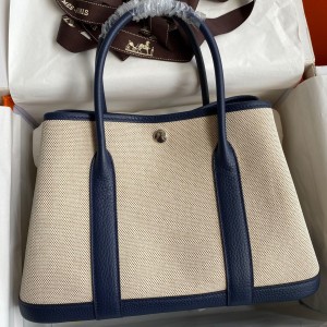 Hermes Garden Party 30 Handmade Bag in Toile and Blue Leather