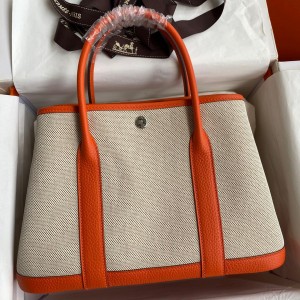Hermes Garden Party 30 Handmade Bag in Toile and Orange Leather