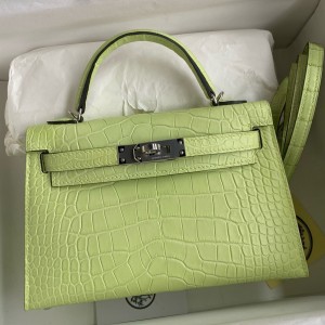 Hermes Kelly Mini II Sellier Handmade Bag In Jaune Bourgeon Matte Alligator Leather 
