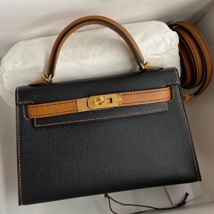 Hermes Kelly Mini II Sellier Bicolor Handmade Bag in Black and Gold Epsom Calfskin