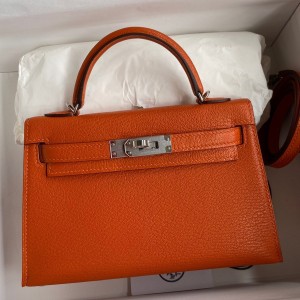 Hermes Kelly Mini II Sellier Handmade Bag In Orange Chevre Mysore Leather