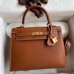 Hermes Kelly Sellier 25 Handmade Bag In Gold Barenia Calfskin 