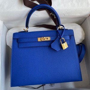 Hermes Kelly Sellier 25 Handmade Bag In Blue France Epsom Calfskin