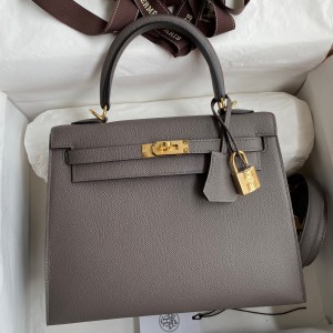 Hermes Kelly Sellier 25 Handmade Bag In Etain Epsom Calfskin