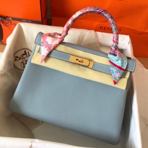 Hermes Kelly Retourne 28 Handmade Bag In Blue Lin Clemence Leather