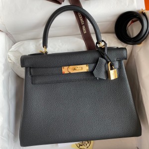Hermes Kelly Retourne 28 Handmade Bag In Black Clemence Leather