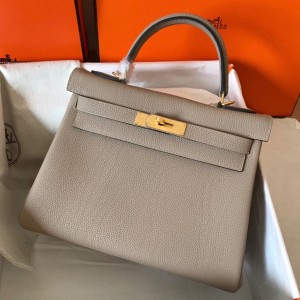 Hermes Kelly Retourne 28 Handmade Bag In Tourterelle Clemence Leather