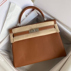 Hermes Kelly Retourne 32 Handmade Bag In Gold Clemence Leather