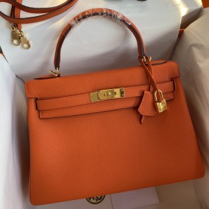 Hermes Kelly Retourne 32 Handmade Bag In Orange Clemence Leather
