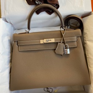Hermes Kelly Retourne 32 Handmade Bag In Taupe Clemence Leather