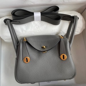 Hermes Mini Lindy Handmade Bag In Gris Meyer Clemence Leather