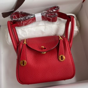 Hermes Mini Lindy Handmade Bag In Red Clemence Leather