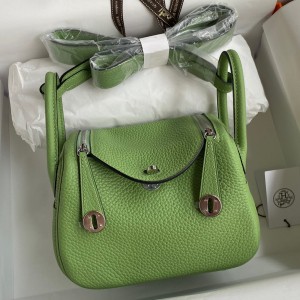 Hermes Mini Lindy Handmade Bag In Vert Cypres Clemence Leather