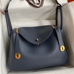 Hermes Lindy 30 Handmade Bag In Blue Nuit Clemence Leather