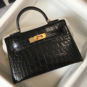 Hermes Kelly Mini II Bag In Black Embossed Crocodile Leather