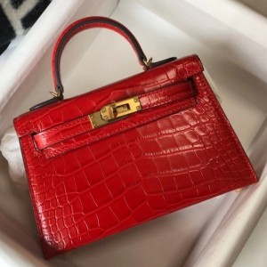 Hermes Kelly Mini II Bag In Red Embossed Crocodile Leather