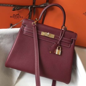 Hermes Kelly 28cm Retourne Bag In Bordeaux Clemence Leather