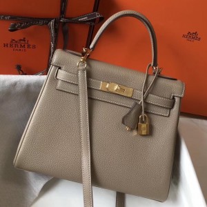 Hermes Kelly 28cm Retourne Bag In Tourterelle Clemence Leather