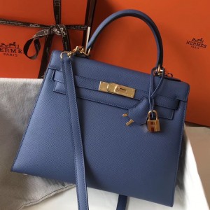 Hermes Kelly 28cm Sellier Bag In Blue Agate Epsom Leather