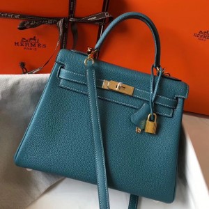 Hermes Kelly 32cm Retourne Bag In Blue Jean Clemence Leather