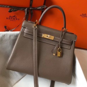 Hermes Kelly 32cm Retourne Bag In Taupe Clemence Leather