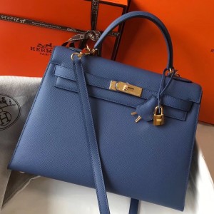 Hermes Kelly 32cm Sellier Bag In Blue Agate Epsom Leather