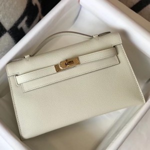 Hermes Kelly Pochette Bag In White Epsom Leather