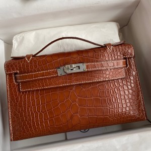 Hermes Kelly Pochette Handmade Bag In Gold Matte Alligator Leather