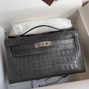 Hermes Kelly Pochette Handmade Bag In Graphite Matte Alligator Leather