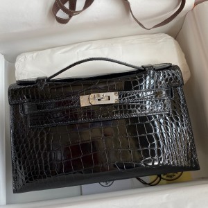 Hermes Kelly Pochette Handmade Bag In Black Shiny Alligator Leather