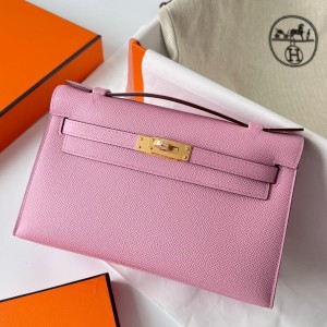 Hermes Kelly Pochette Handmade Bag In Mauve Sylvestre Epsom Calfskin 