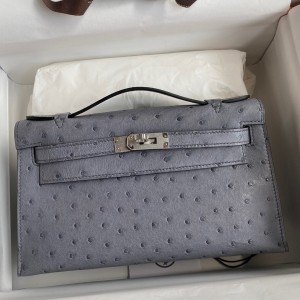 Hermes Kelly Pochette Handmade Bag In Gris Agate Ostrich Leather
